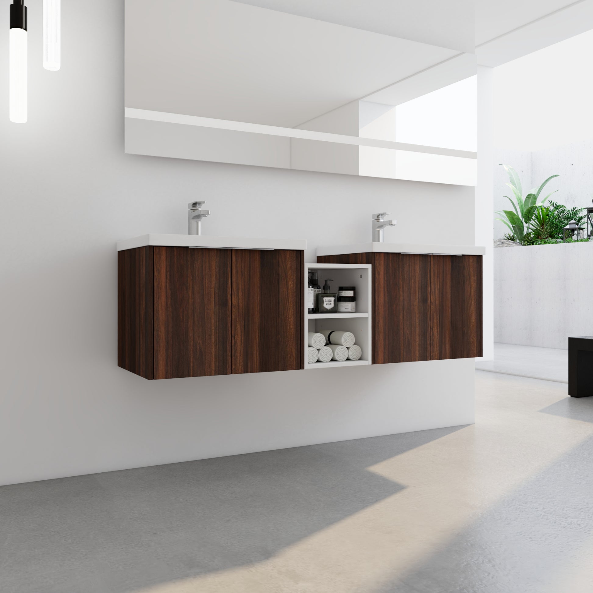 60 Inch Soft Close Doors Bathroom Vanity With Sink, A Small Storage Shelves, 24" And 12" Combination Cabinet, Kd Packing California Walnut 4 1 Bathroom Wall Mounted Modern Plywood