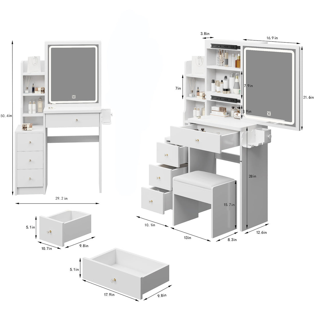 Small Size Left Bedside Cabinet Vanity Table Cushioned Stool, 2 Ac 2 Usb Power Station, Hair Dryer Bracket, Extra Large Touch Control Sliding Led Mirror, Tri Color Switching, Epa,Gcc,Ul Certificate