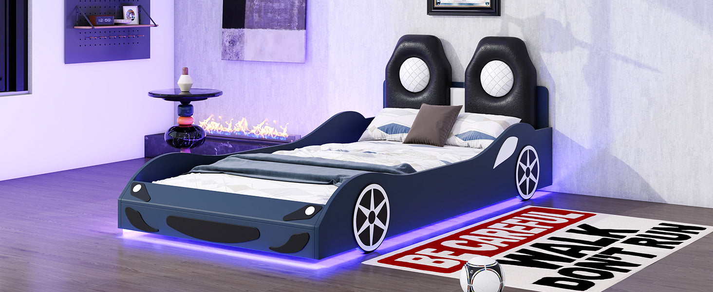 Wood Twin Size Race Car Shaped Platform Bed With Led And Upholstered Backrest, Blue Expected Arrival Time: 10.28 Box Spring Not Required Twin Blue Wood Faux Leather,Solid Wood Mdf