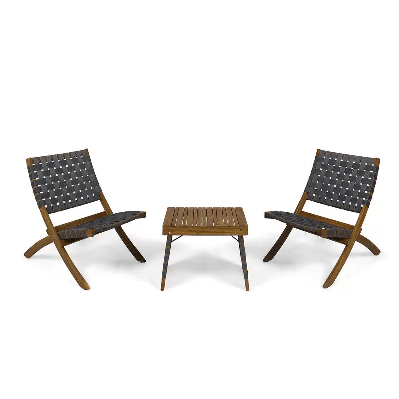 Huntsville Outdoor Foldable 2 Seater Acacia Wood Chat Set With Strapping Belt Accents, Brown And Gray Complete Patio Set Brown Gray Seats 2 Garden & Outdoor 2 Person Seating Group Acacia Wood,Wicker