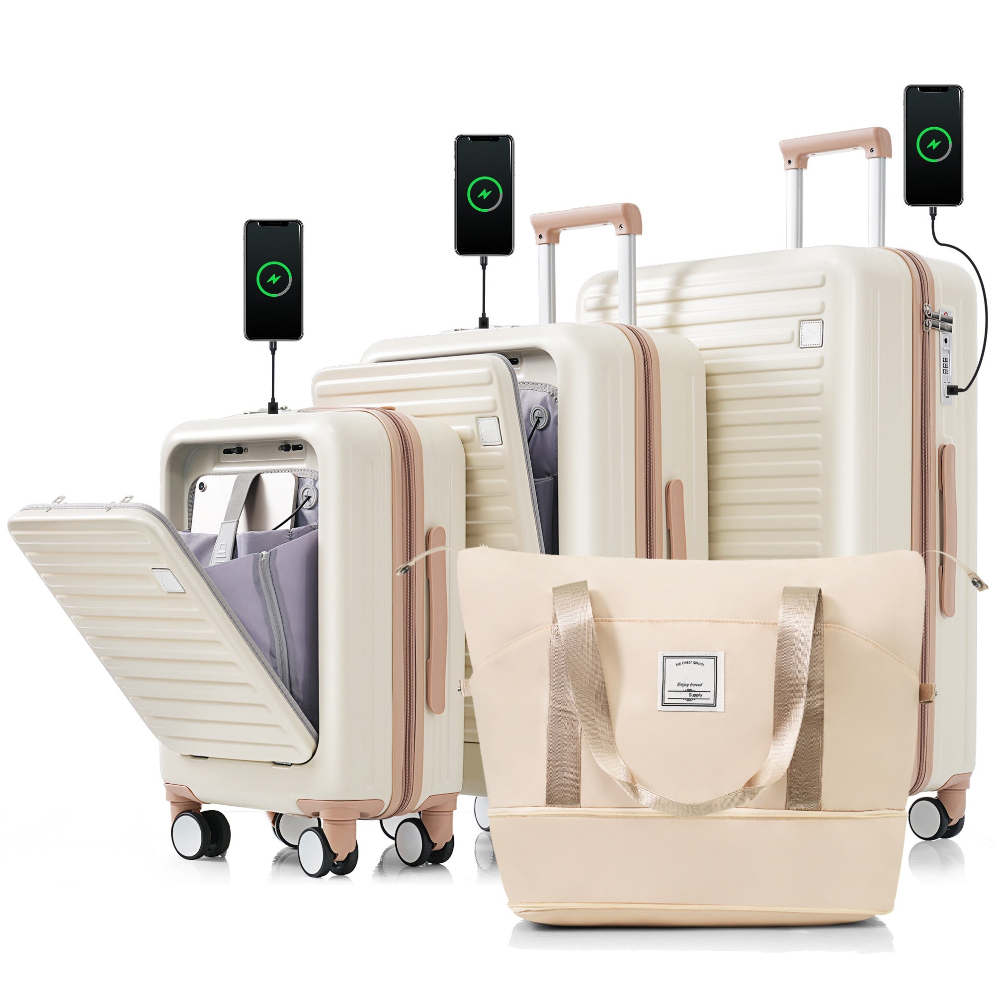 Luggage Set Of 4 With Usb Port, 20, 24Inch With Front Opening Design Airline Certified Carry On Luggage With Cup Holder, Abs Hard Shell Luggage With Expandable Travel Bag, Ivory And Gloden Ivory Gold Abs