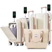 Luggage Set Of 4 With Usb Port, 20, 24Inch With Front Opening Design Airline Certified Carry On Luggage With Cup Holder, Abs Hard Shell Luggage With Expandable Travel Bag, Ivory And Gloden Ivory Gold Abs