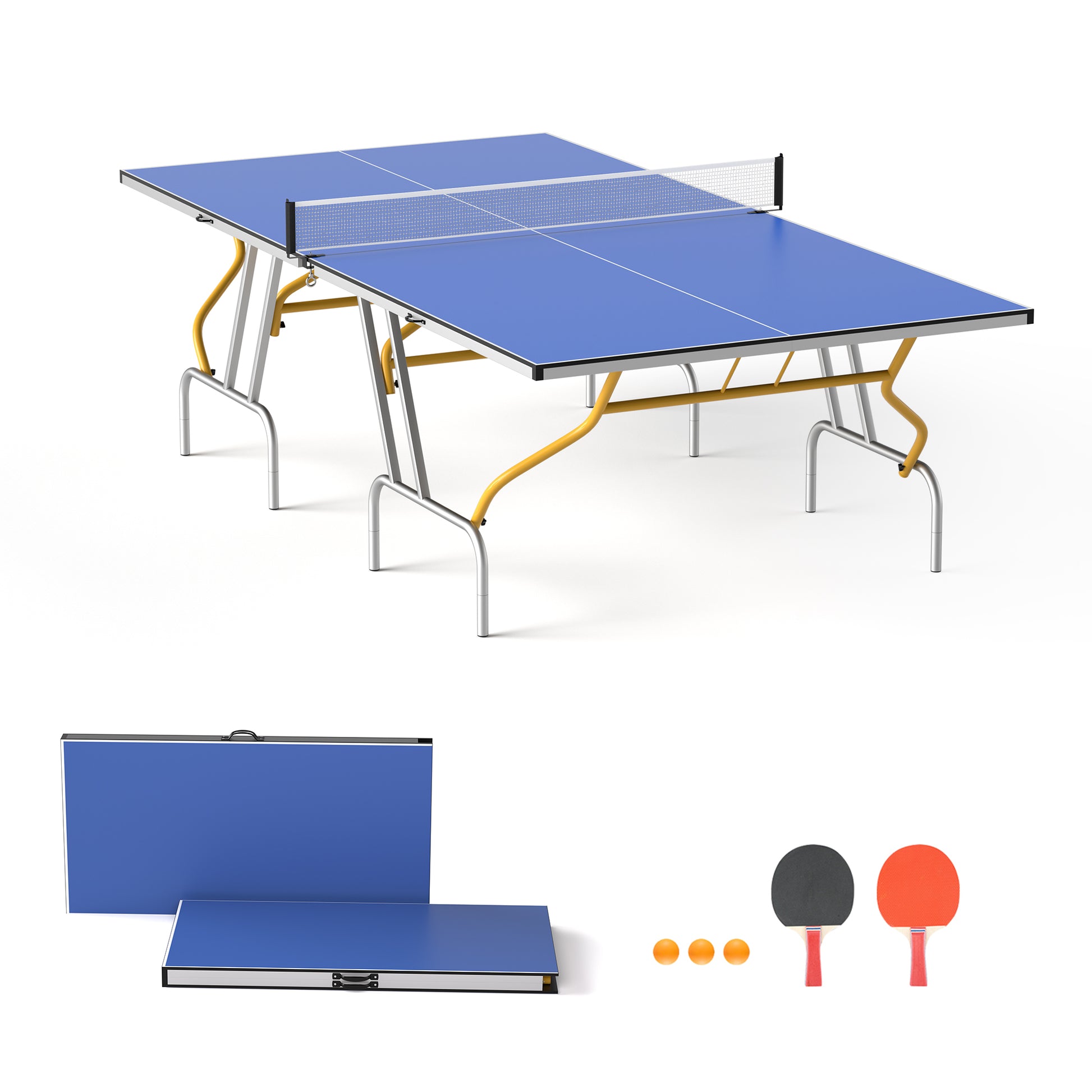 8Ft Mid Size Table Tennis Table, Foldable Ping Pong Table Blue Mdf