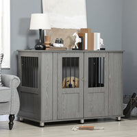 Pawhut Dog Crate Furniture, Wooden End Table Furniture With Lockable Magnetic Doors, Extra Large Size Pet Kennel Indoor Animal Cage, Gray Gray Particle Board