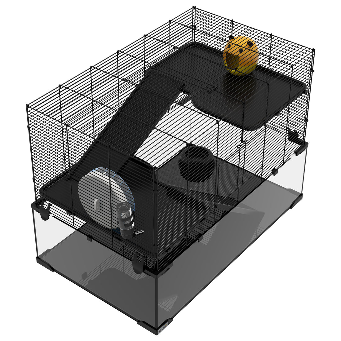 Pawhut Hamster Cage, 31" Gerbil Cage With Glass Basin, Ramps, Platforms, Hut, Exercise Wheel, For Small Hamsters, Black Black Steel