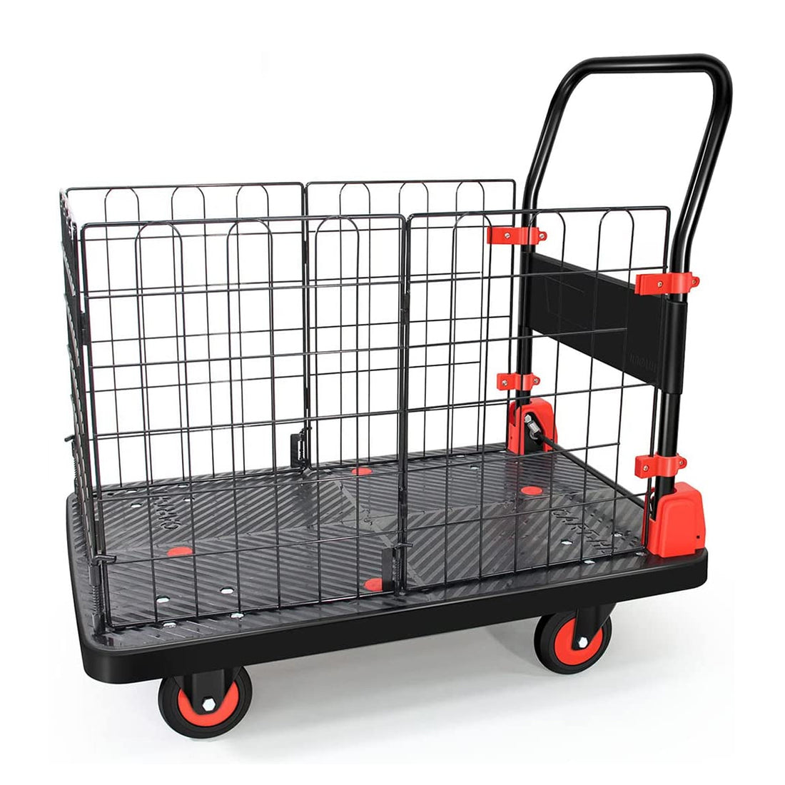 Foldable Platform Push Hand Truck Cart, Basket Cage Cart, 660 Lbs. Weight Capacity Black Red Metal