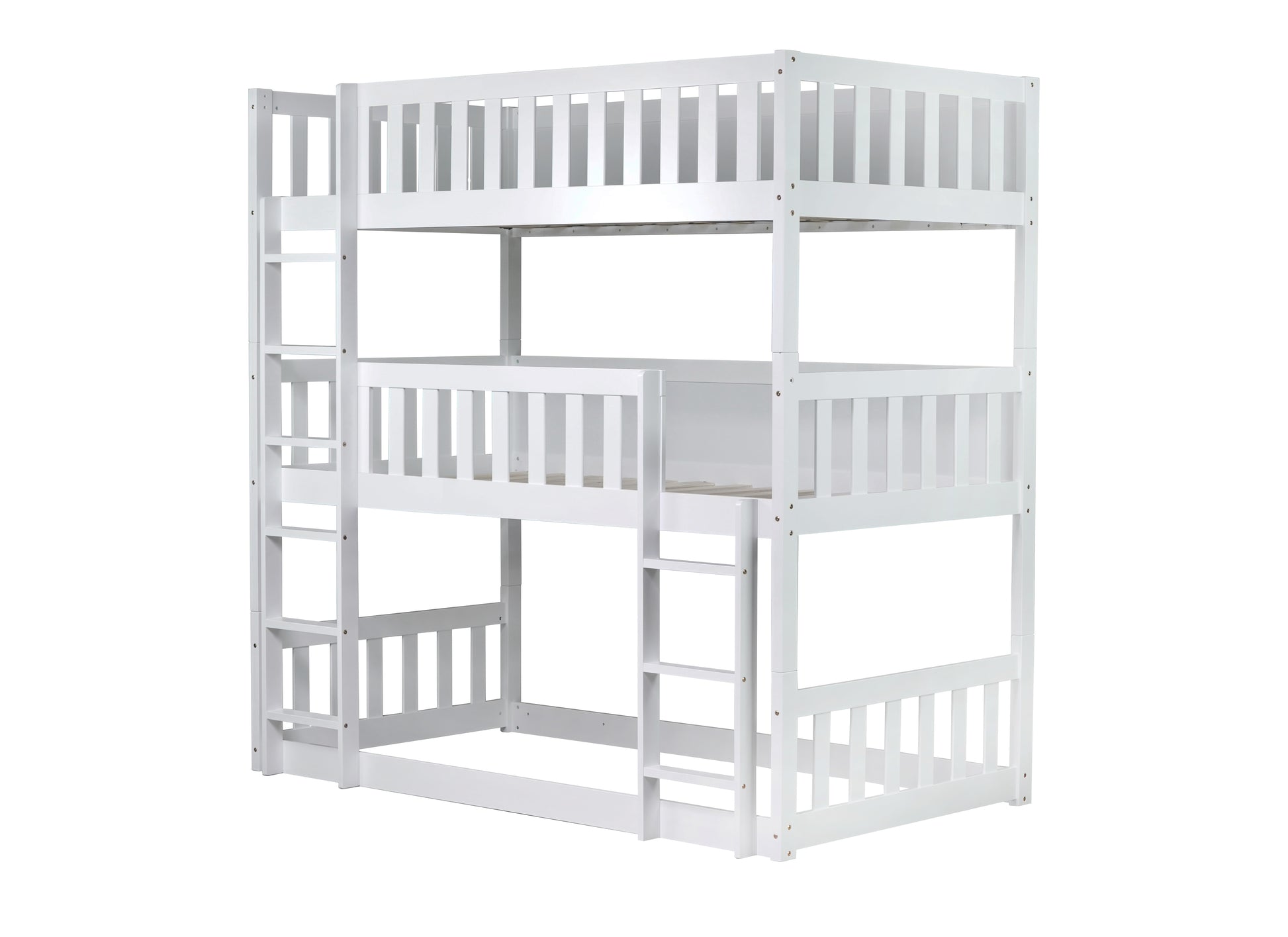 Twin Size Triple Rubber Wood Bunk Bed, With Ladders, Guardrails Detachable Bunk Bed, Twin Over Twin Over Twin,White Twin White Bedroom American Design Bed Frame Rubber Wood