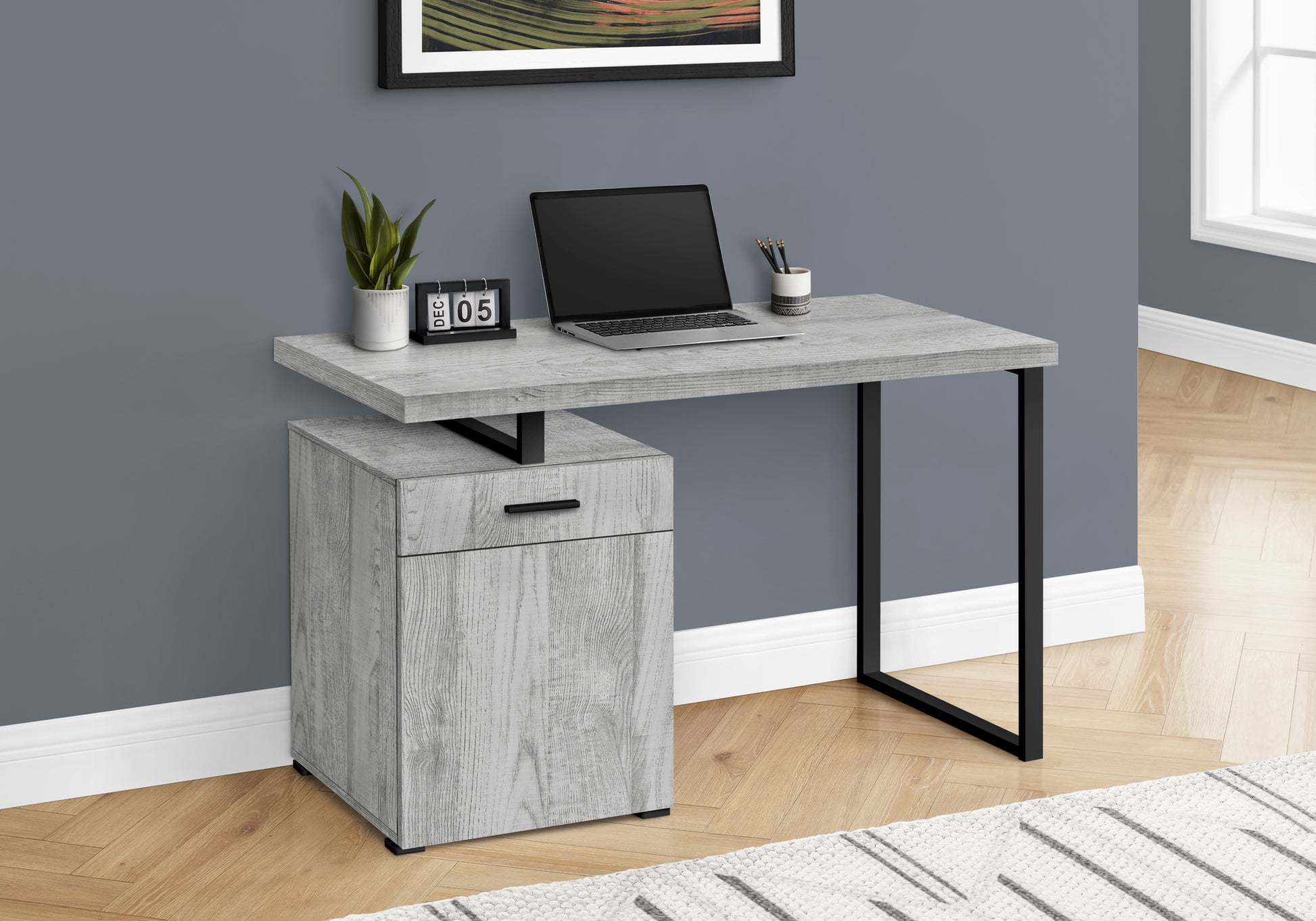 Computer Desk, Home Office, Laptop, Left, Right Set Up, Storage Drawers, 48"L, Work, Grey Laminate, Black Metal, Contemporary, Modern Grey Particle Board