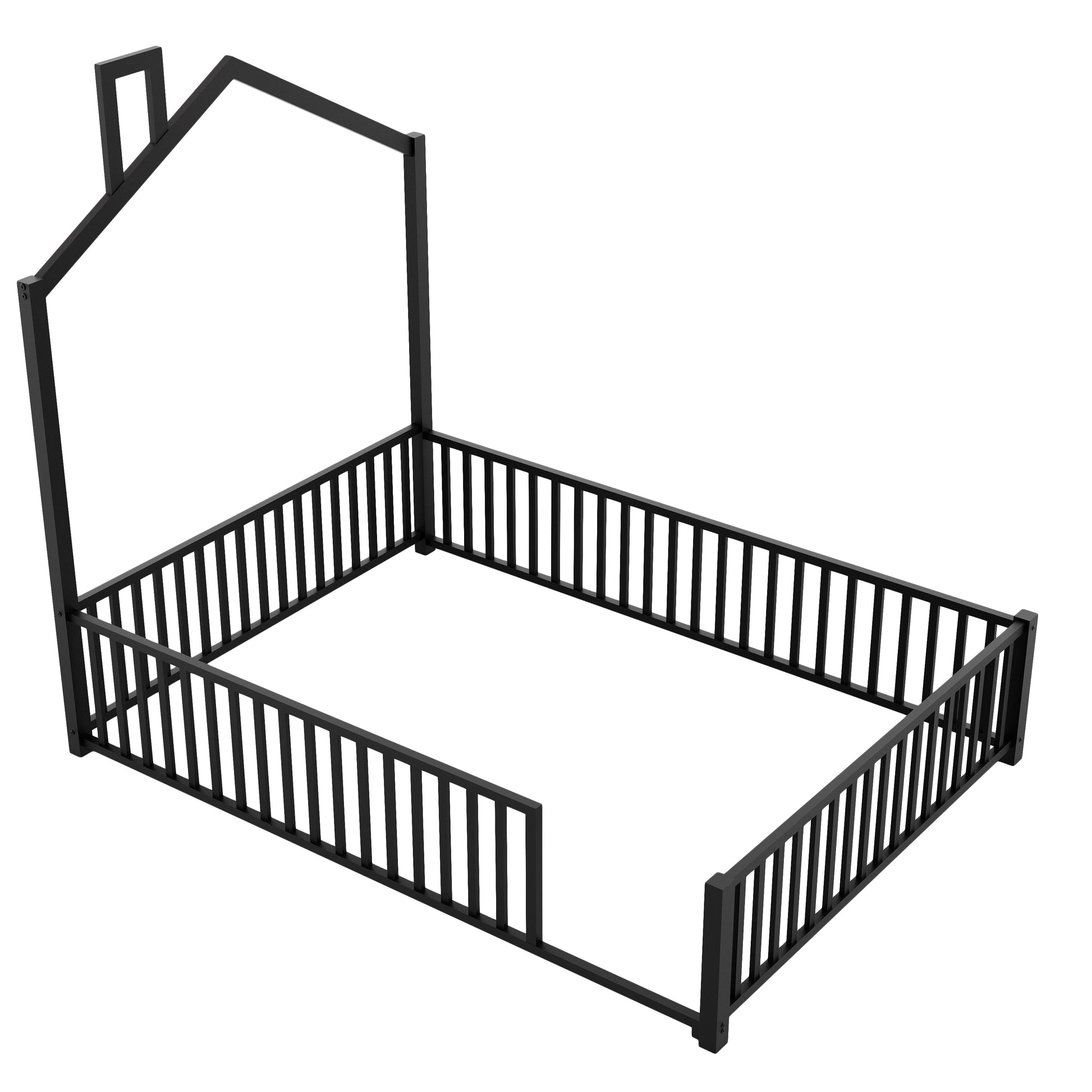 Full Size Metal House Platform Bed With Guardrail And Chimney, Black Box Spring Not Required Full Black Metal Metal