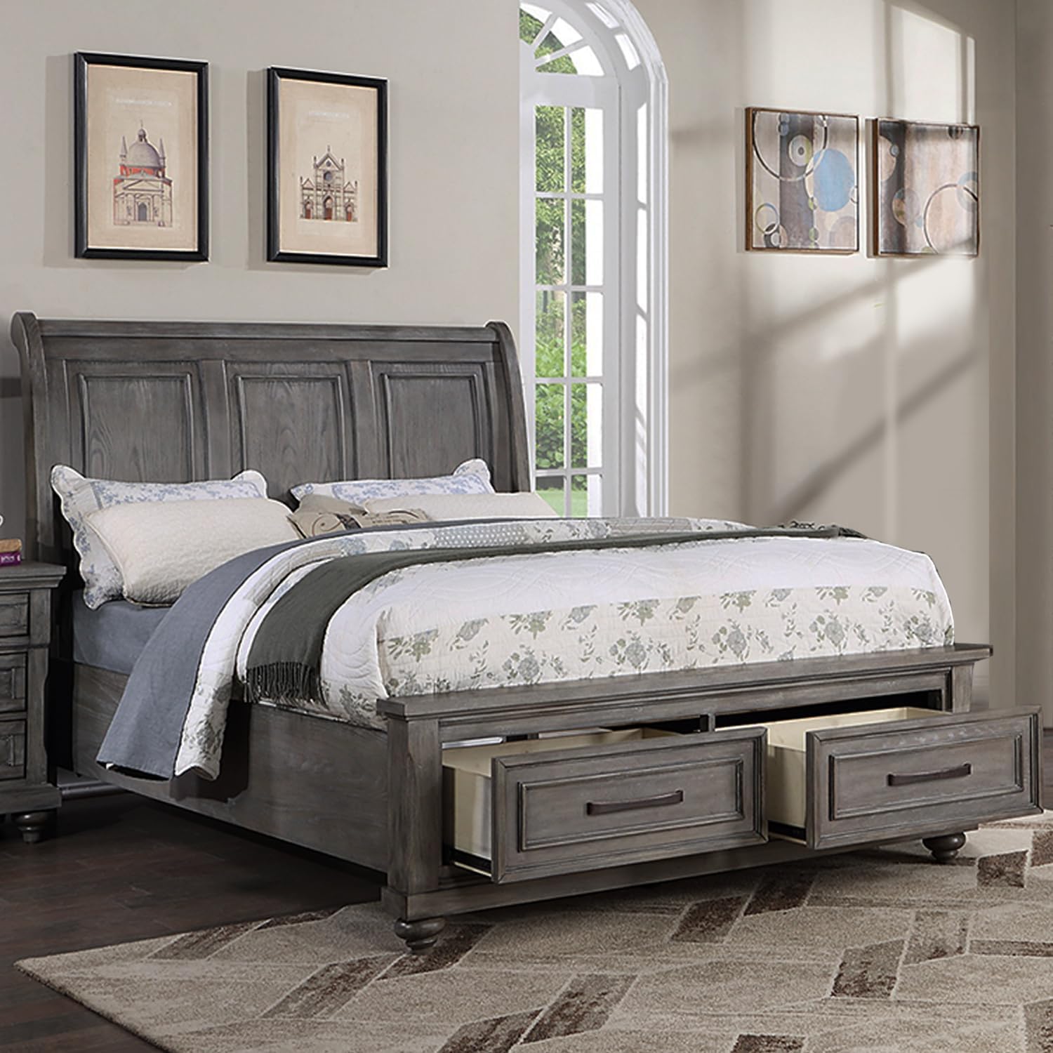 Queen Size Bed W Underbed Drawer Vintage Look Gray Color Beautiful Panel 1Pc Bedframe Bedroom Box Spring Required Queen Antique Gray,Gray Wood Bedroom Contemporary,Modern,Transitional Storage