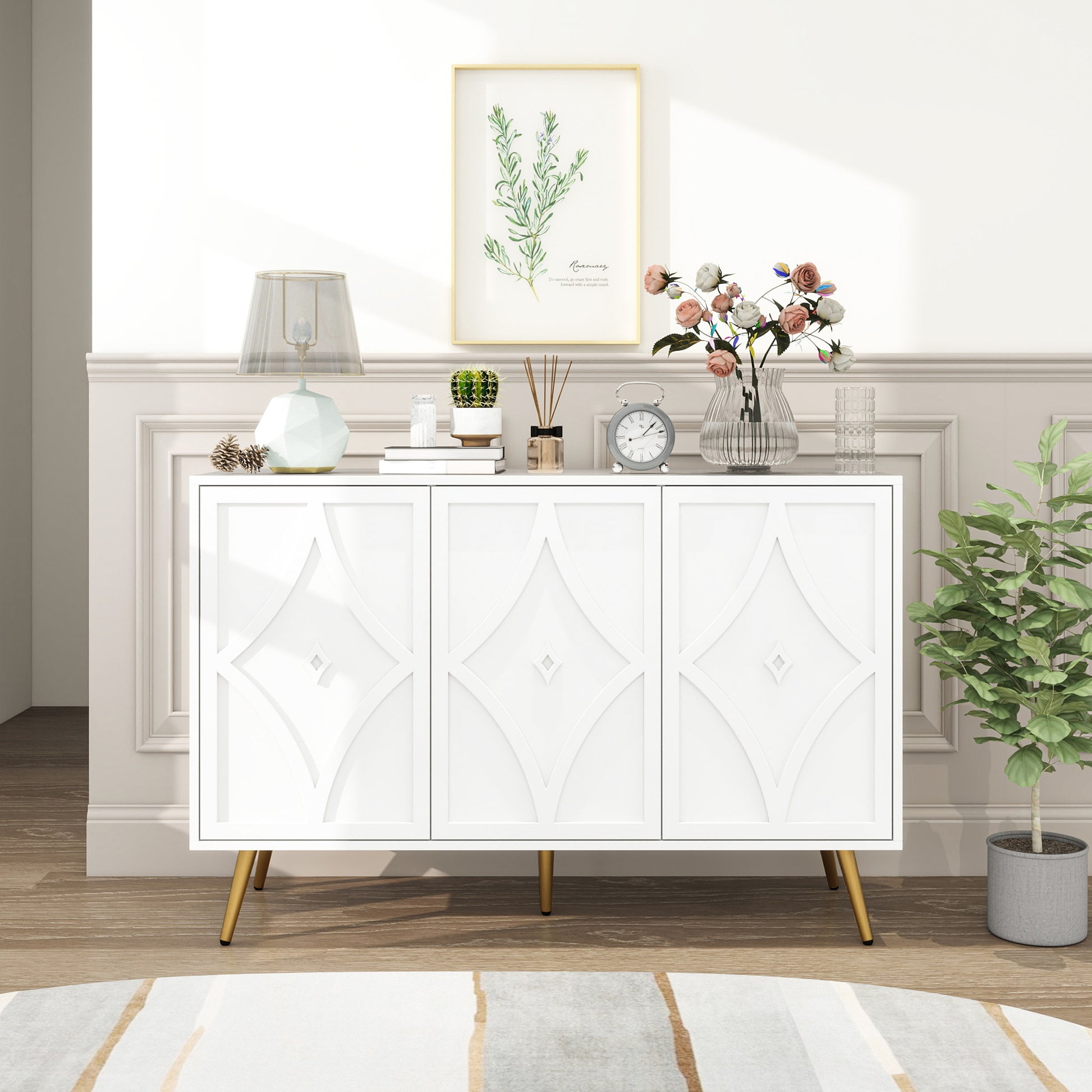 3 Door Storage Cabinet Accent Cabinet With Storage,Sideboard With Adjustable Shelf, Kitchen Cabinet, Diamond Shaped Decoration Door For Living Room, Kitchen, Dining Room ,Enchence White Particle Board Mdf