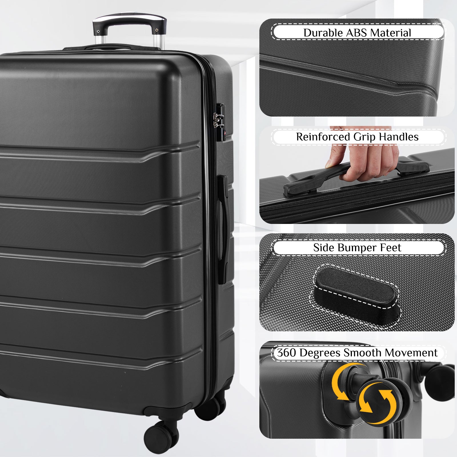 Hard Sided Expand Suitcase With Rotating Wheels, Tsa Lock, Retractable Handle, Black, 28" Black Iron Plastic