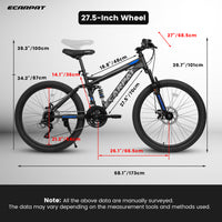 Ecarpat Mountain Bike 27 Inch Wheels, 21 Speed Full Suspension Mens Womens Trail Commuter City Mountain Bike, Carbon Steel Frame Disc Brakes Grip Shifter Front Fork Rear Shock Absorber Bicycles Black Carbon Steel