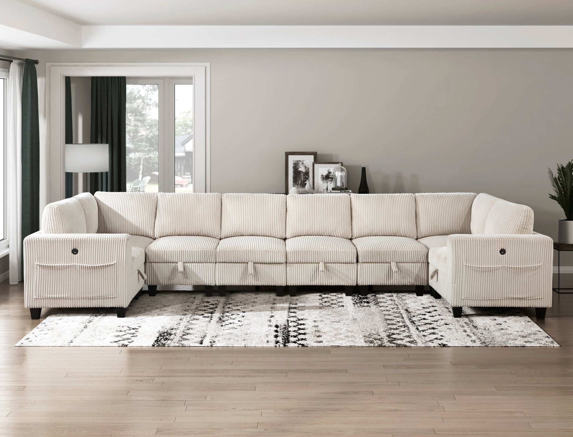 Modern Living Room Furniture 1Pc Beige Chair With One Arm, Storage Pouch And Charging Ports Corduroy Fabric Upholstery Beige Primary Living Space Contemporary,Modern Solid Wood
