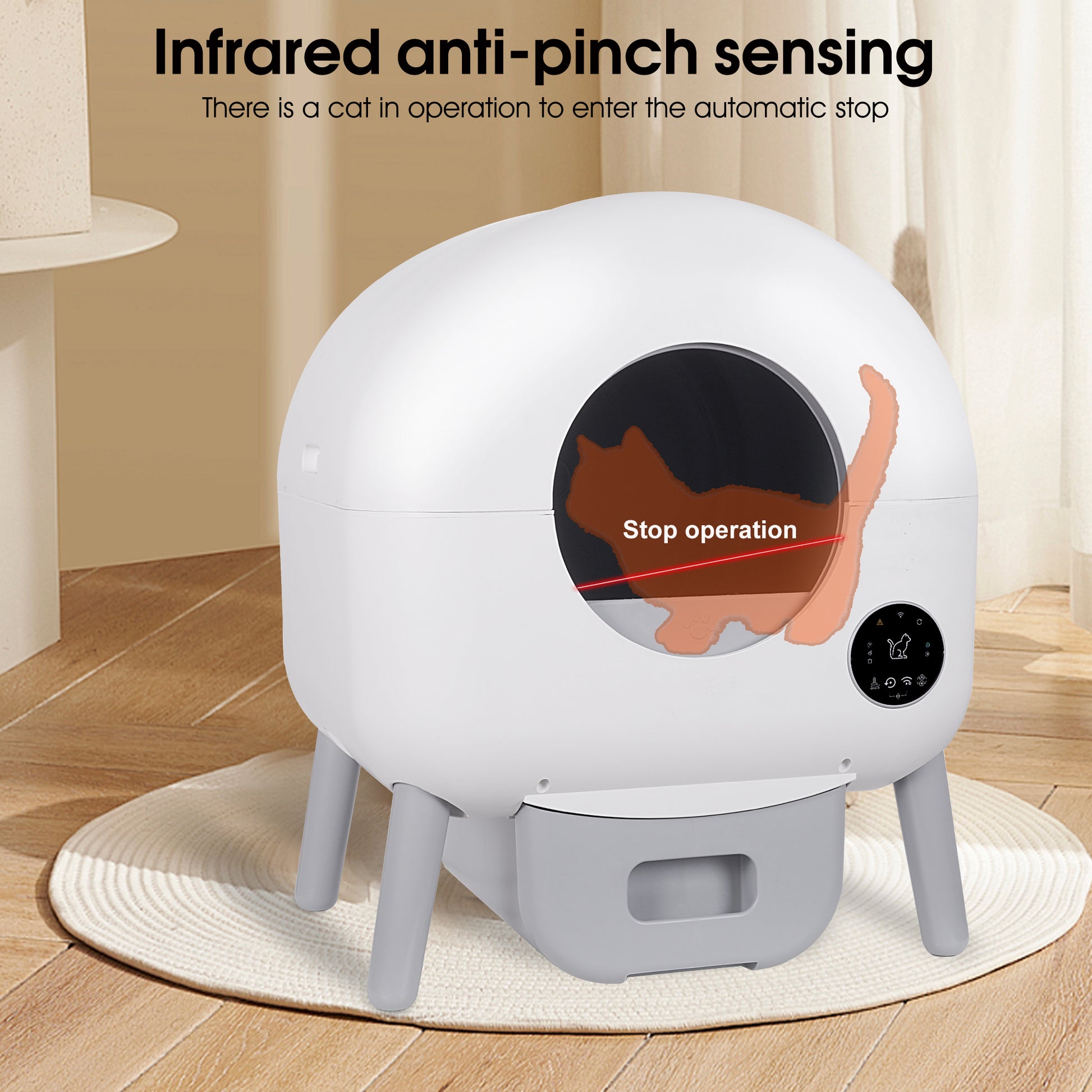 Self Cleaning Litter Box 2.2Lb 23Lb Cat Can Use, 100L Automatic Cat Litter Box Self Cleaning, Extra Large For Multiple Cats, Anti Pinch, All Clumping Litter Can Use, With Garbage Bags, App Control White Gray Abs