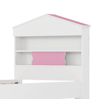 Twin Size House Shaped Wooden Bed With Storage Shelf On The Headboard, Built In Two Storage Drawers, Pink Pink White Wood