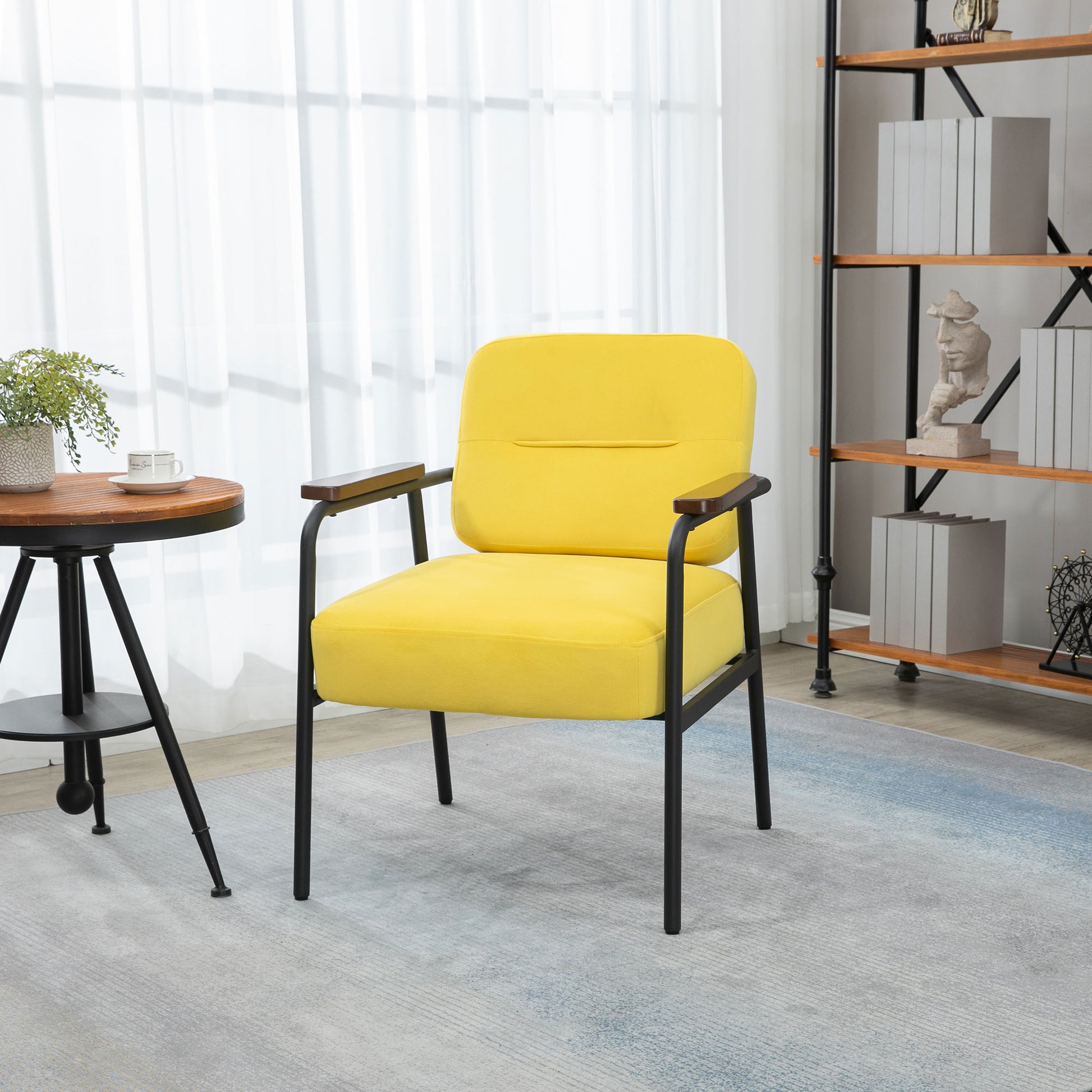 Homcom Modern Accent Chair With Cushioned Seat And Back, Upholstered Velvet Armchair For Bedroom, Living Room Chair With Arms And Steel Legs, Yellow Yellow Steel