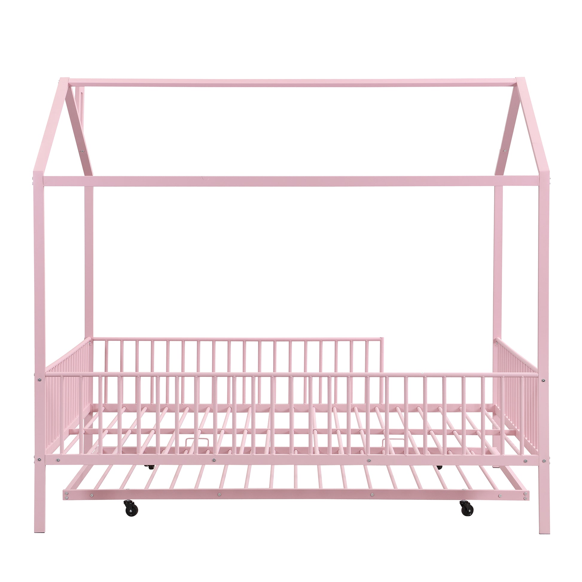 Full Size Metal House Bed With Fence, With Trundle, Pink Full Pink Metal