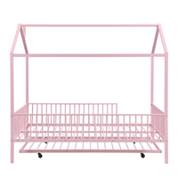 Full Size Metal House Bed With Fence, With Trundle, Pink Full Pink Metal