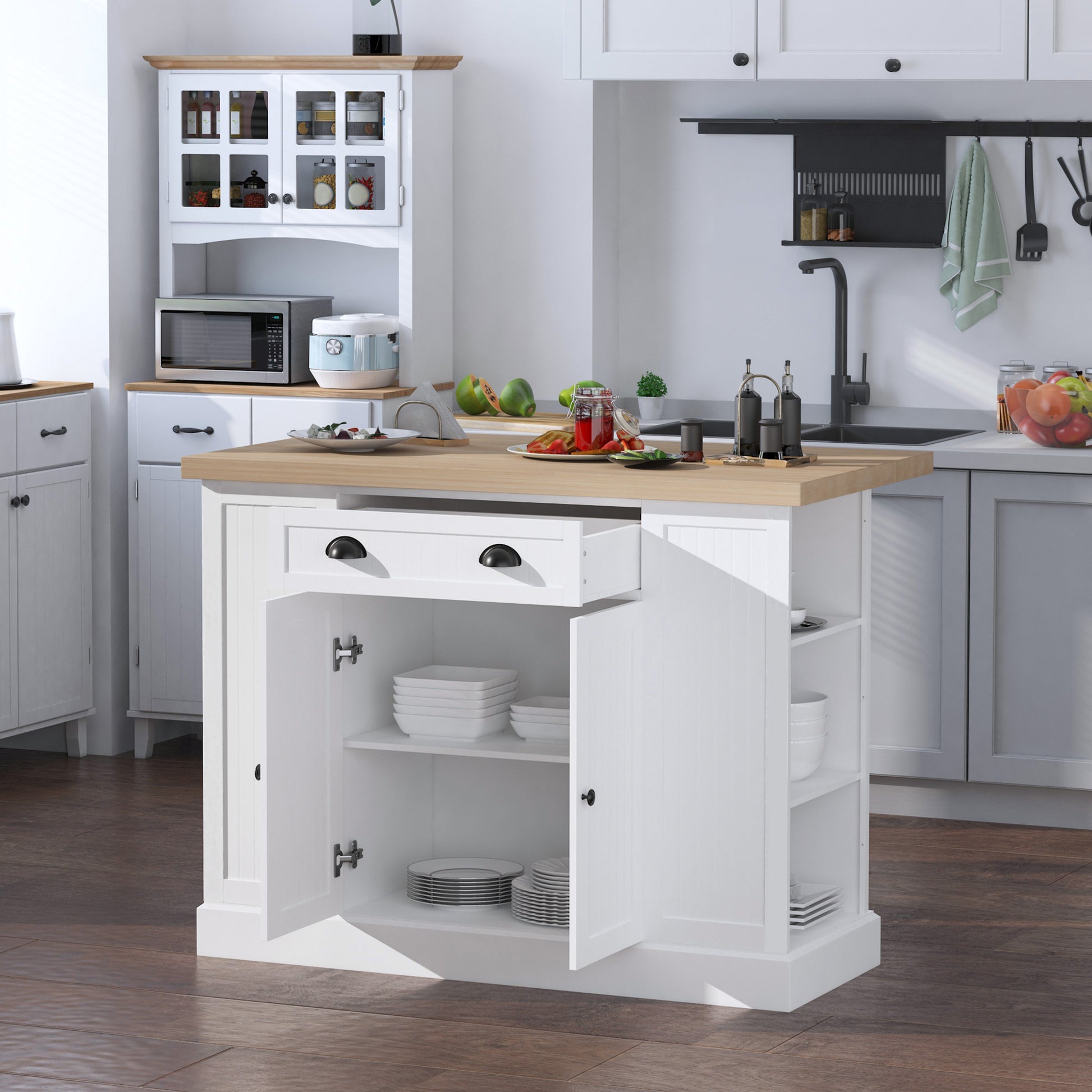 Homcom 47" Fluted Style Wooden Kitchen Island, Kitchen Countertop Storage Cabinet With Drop Leaf, Drawer, Open Shelves, Storage, White White Mdf