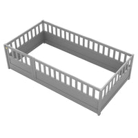 Twin Size Floor Bed, Integral Construction With Super High Security Barrier, Door, Children'S Floor Bed Frame, Montessori Wooden Children'S Floor Bed, Grey Box Spring Required Twin Grey Wood Brown