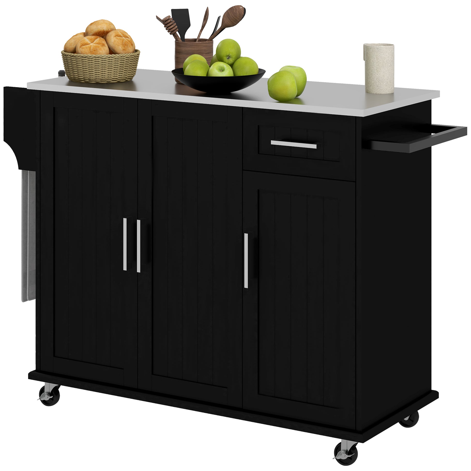 Homcom Kitchen Island With Storage, Rolling Kitchen Island On Wheels With Drawer, 3 Cabinets, Stainless Steel Countertop, Spice Rack And Towel Rack, Black Black Mdf