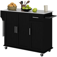 Homcom Kitchen Island With Storage, Rolling Kitchen Island On Wheels With Drawer, 3 Cabinets, Stainless Steel Countertop, Spice Rack And Towel Rack, Black Black Mdf