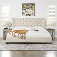 Manhattan Shelter King Platform Bed Frame, Light Beige Linen Box Spring Not Required King Beige Wood Foam Linen Linen