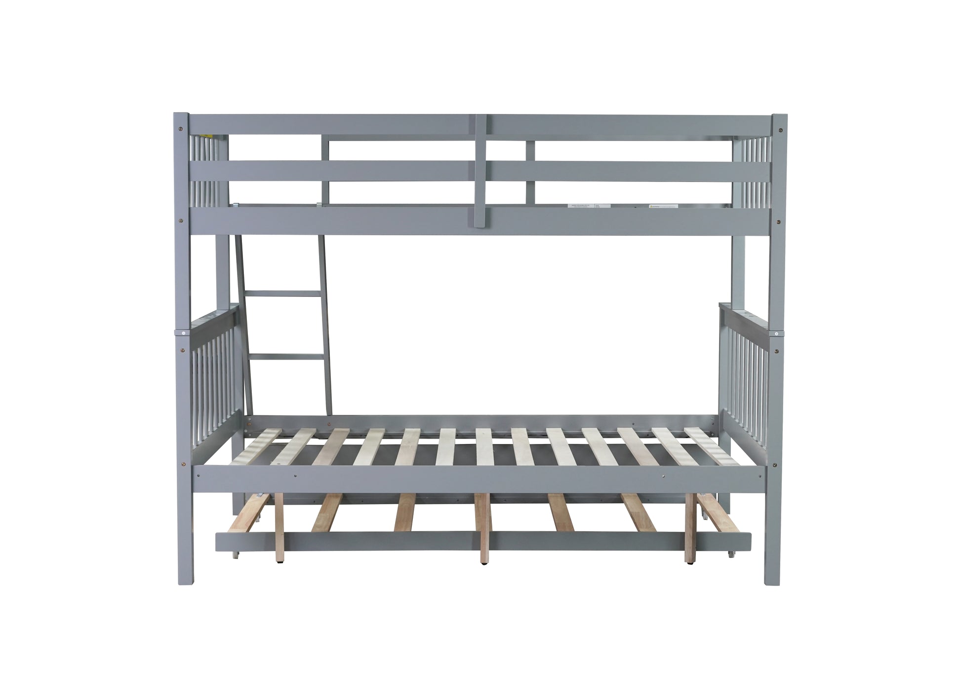 Twin Over Full Rubber Wood Bunk Bed With Trundle, Convertible Ladder And Guardrail, Detachable, Convertible Bed, With Twin Size Trundle ,Grey Twin Grey Rubber Wood