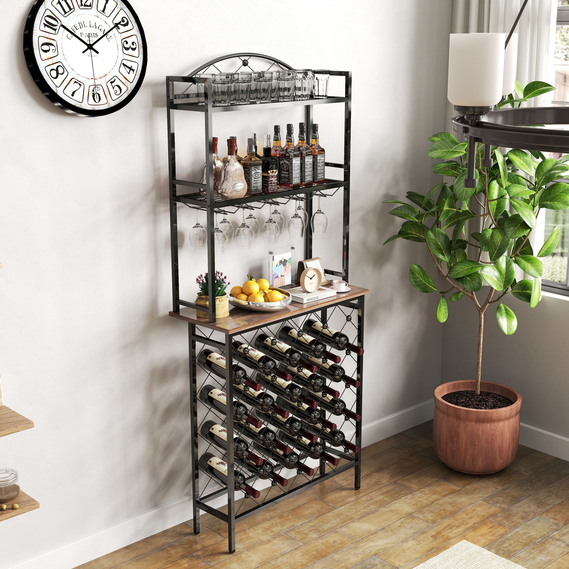 Industrial Wine Rack Bar Table, 3 Tier Liquor Bottle And Glass Holder With Storage Shelves, Metal And Wood Wine Organizer For Home Kitchen, Dining Room, And Living Room Black Brown Kitchen American Design Metal