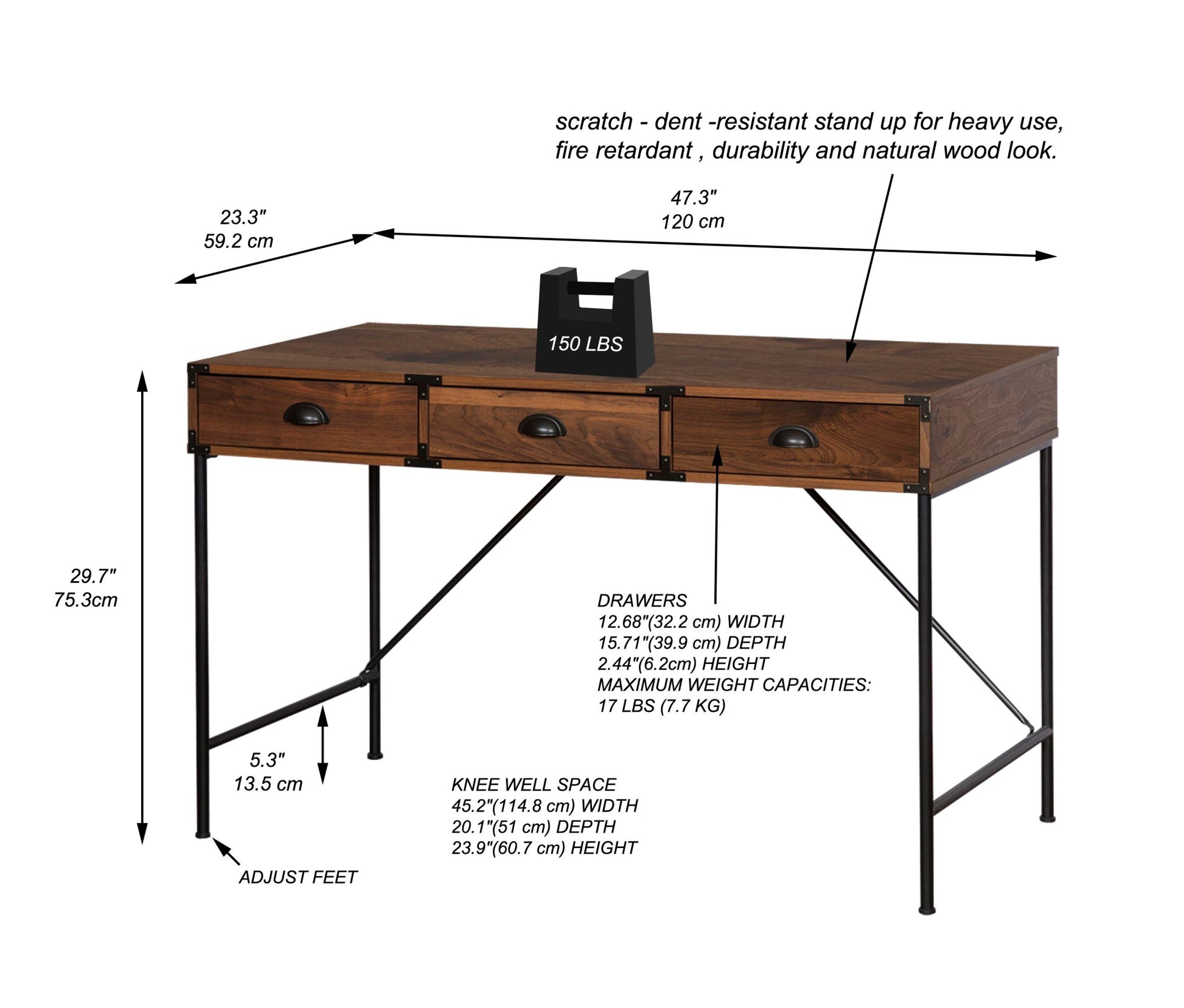 "47"" Writing Desk With 3Drawers" Robust Walnut Office Desk With Metal Frame Sleek Computer Desk With Drawers, Heavy Duty Workstation For Home And Office, Industrial Design With Large Storage Walnut Solid Wood