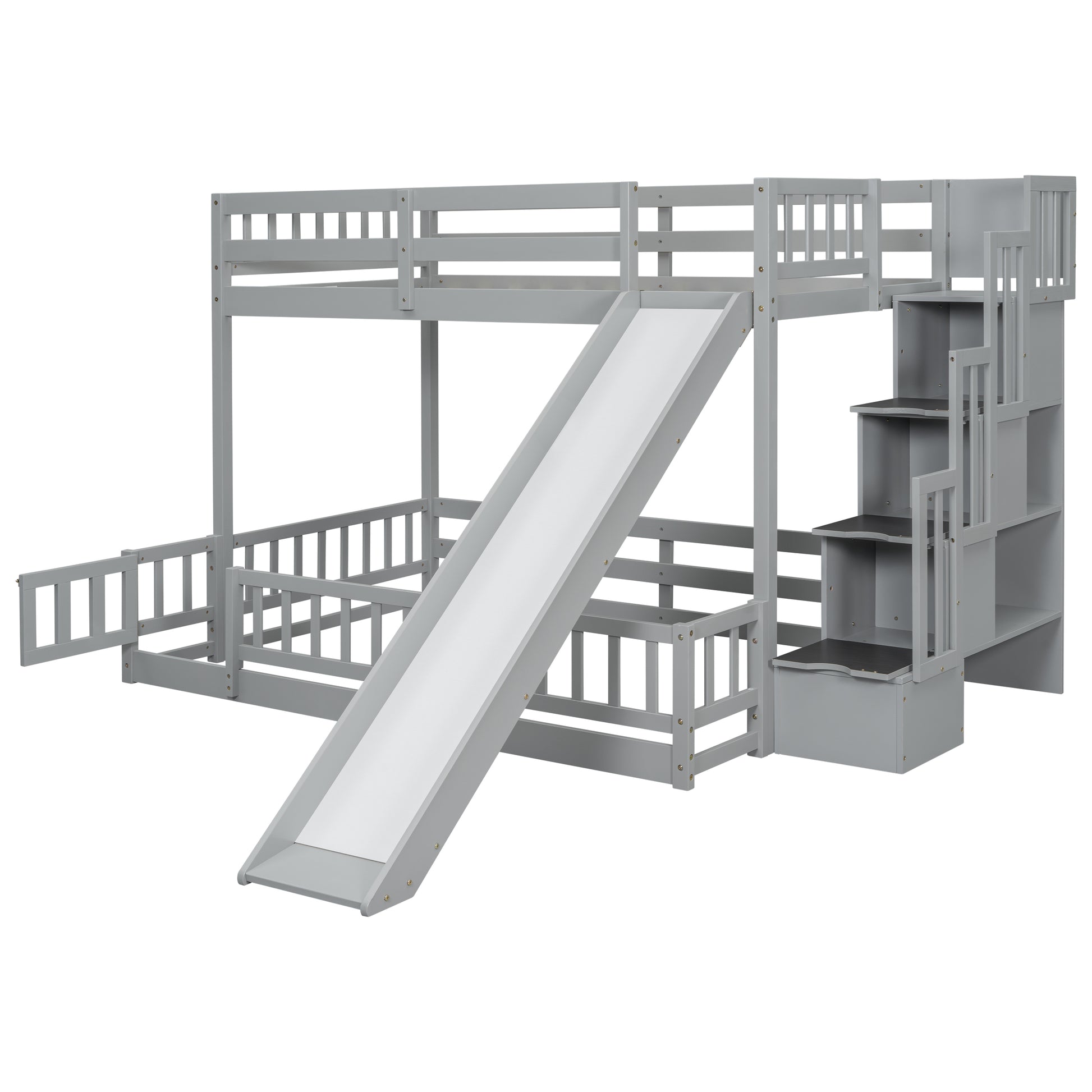 Twin Over Full Bunk Bed With Slide, Storage Staircase, Pine Solid Wooden Bunk Bed With Safety Guardrails ,Grey Grey Pine