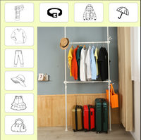 Telescopic Garment Rack, Heavy Duty Design Movable Diy By Hand No Damage To Wall Ceiling Hanging Rail, 31 47In Wide Adjustable, 120 Kilogram Loading, Reach Hook Included, White White Primary Living