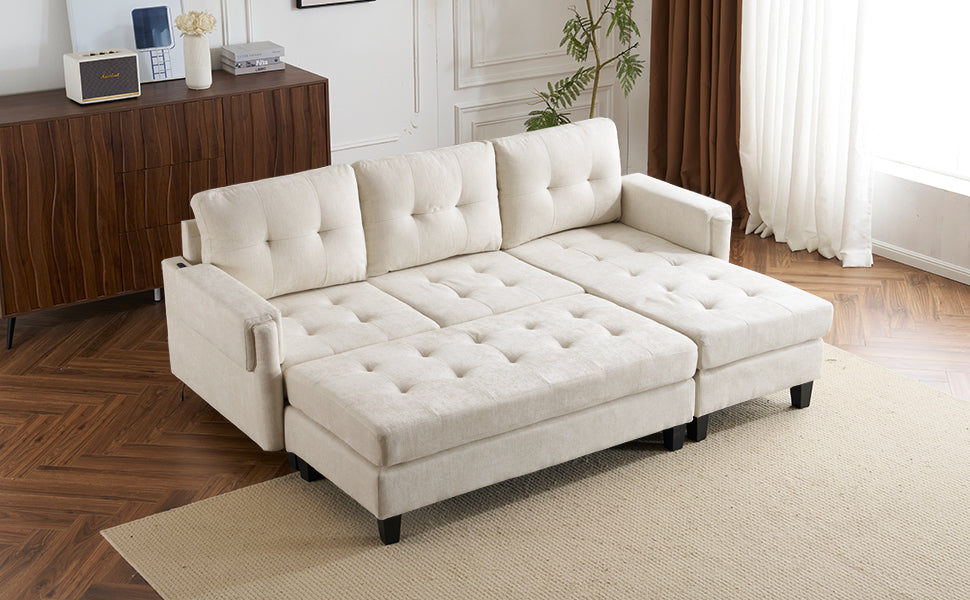 83.4" L Shaped Sofa Sectional Couch Sofa Bed With Two Usb Ports, A Movable Ottoman And A Reversible Chaise Lounge For Living Room, Beige Beige Foam Chenille 5 Seat