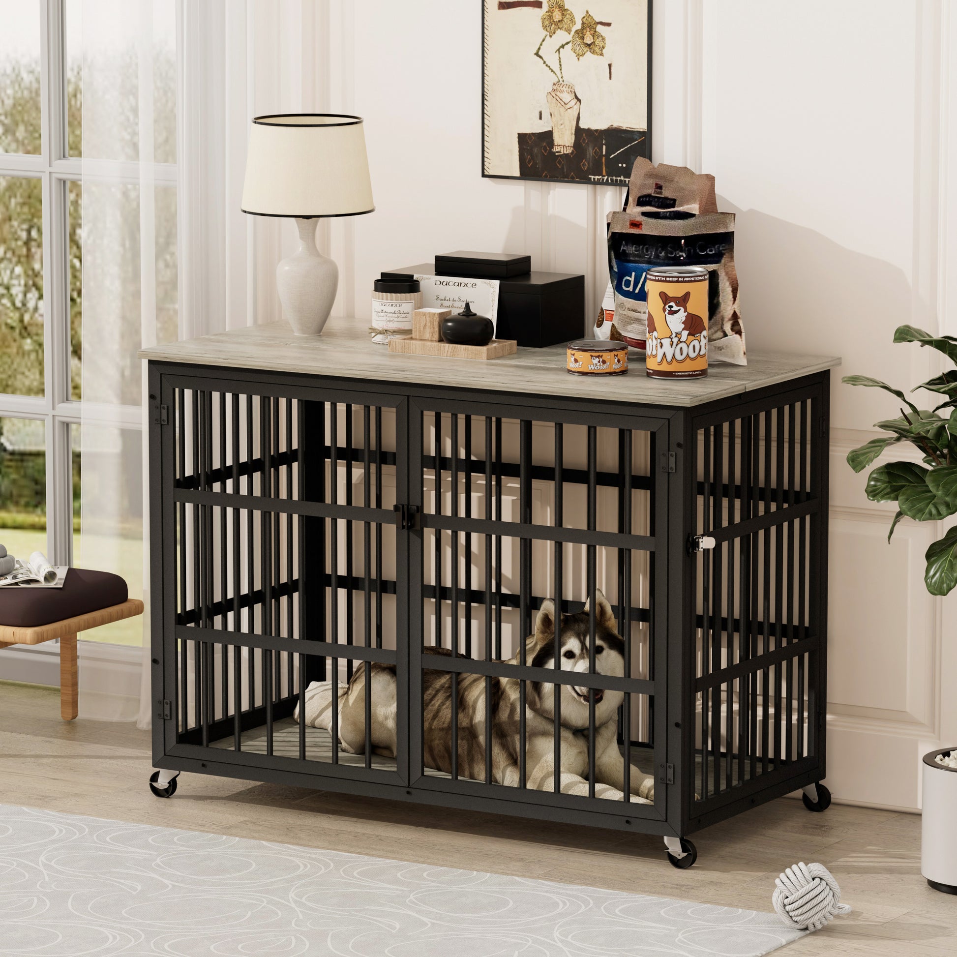 Furniture Style Dog Crate Wrought Iron Frame Door With Side Openings, Grey, 43.3''W X 29.9''D X 33.5''H. Grey Particle Board