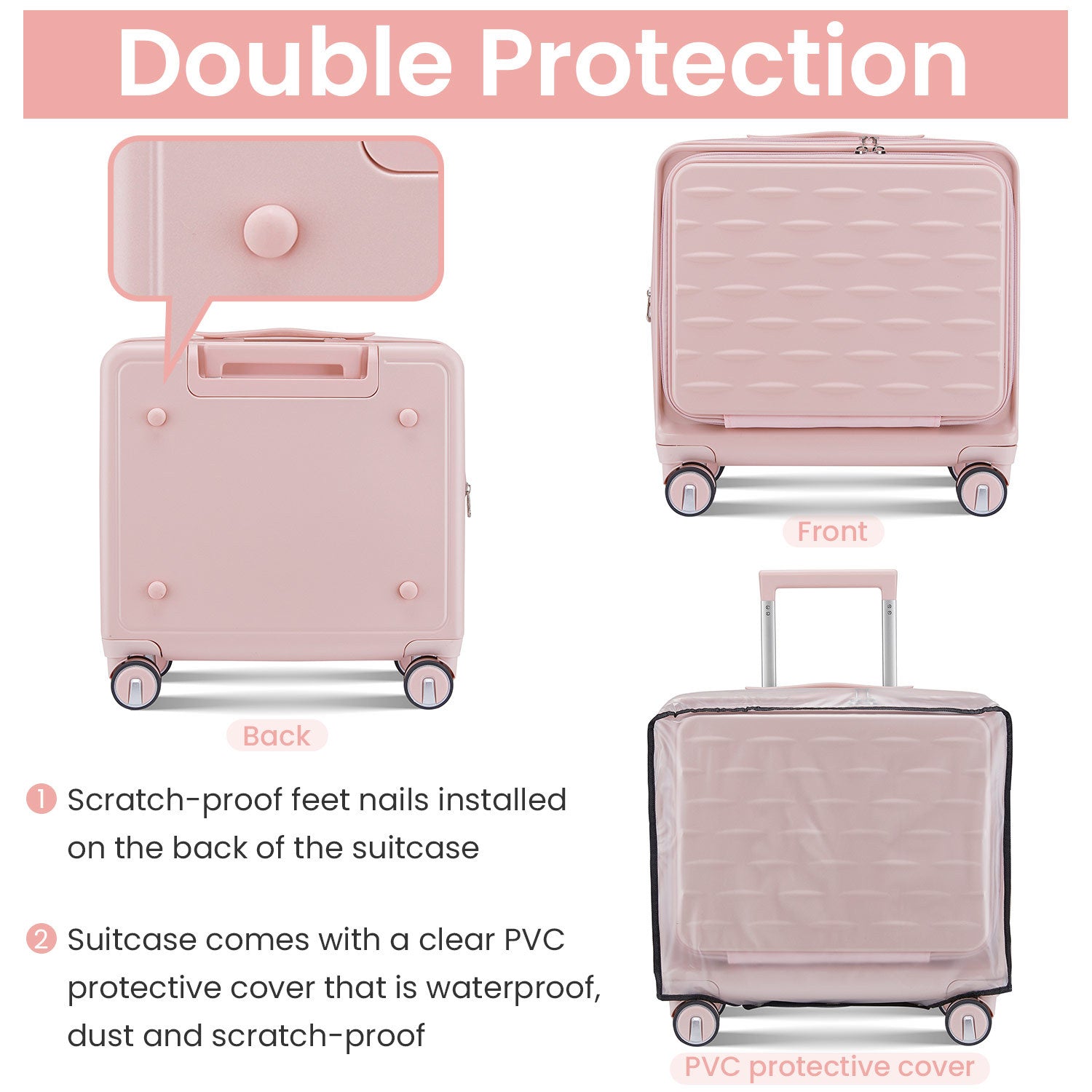 18" Carry On Luggage With Front Open Door &Laptop Interlayer, Hard Shell Suitcase Built In Tsa Luggage Lock, Hardside Lightweight Pc Travel Suitcase For Women Men With Spinner Wheels Airline Approved Pink Pc