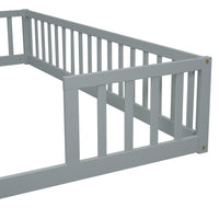 Double Twin Floor Bed With Fence, Guardrails, Without Door, Grey Twin Grey American Design Pine