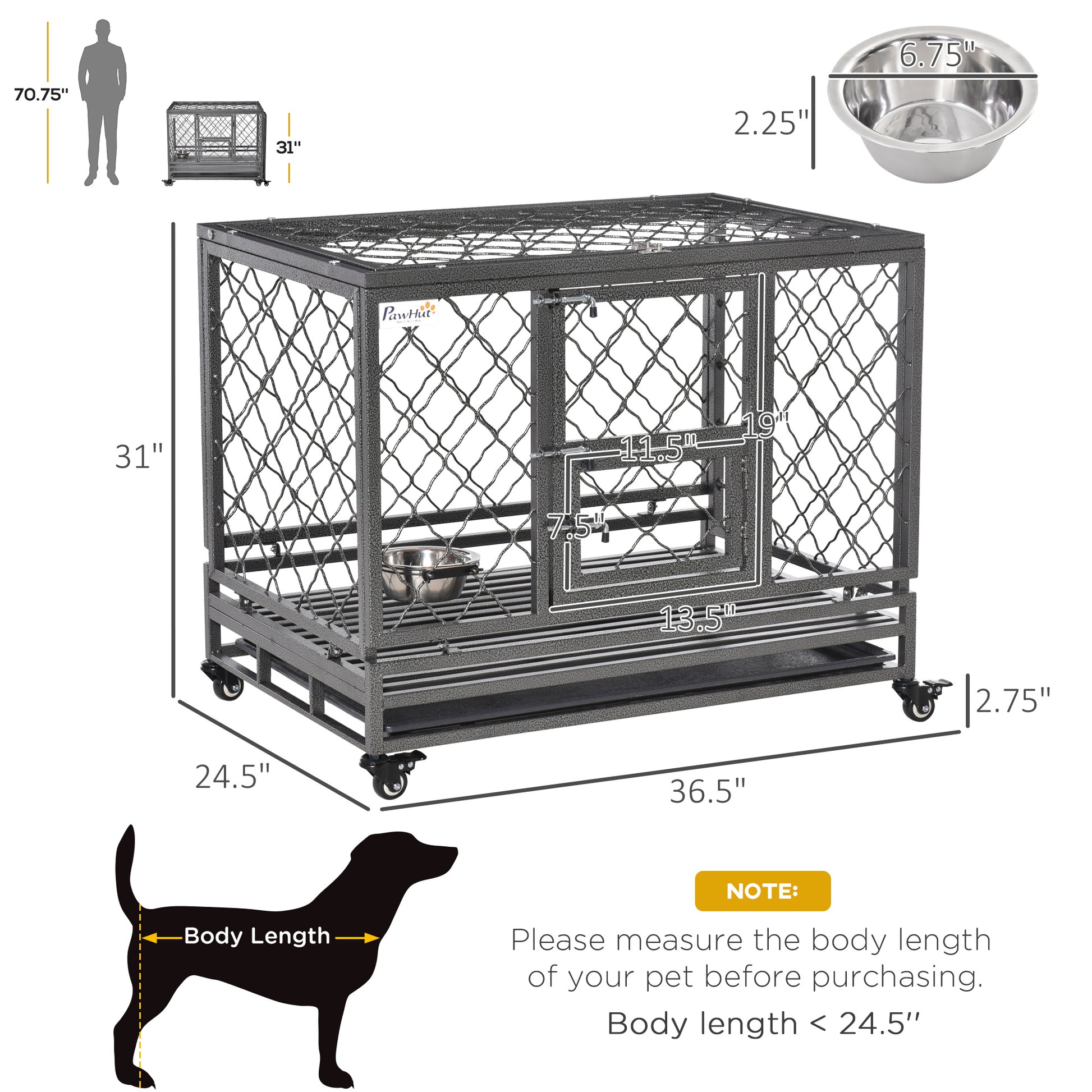 Pawhut Heavy Duty Dog Crate Metal Kennel And Cage Dog Playpen With Lockable Wheels, Slide Out Tray, Food Bowl And Double Doors, 36.5"L Black Steel