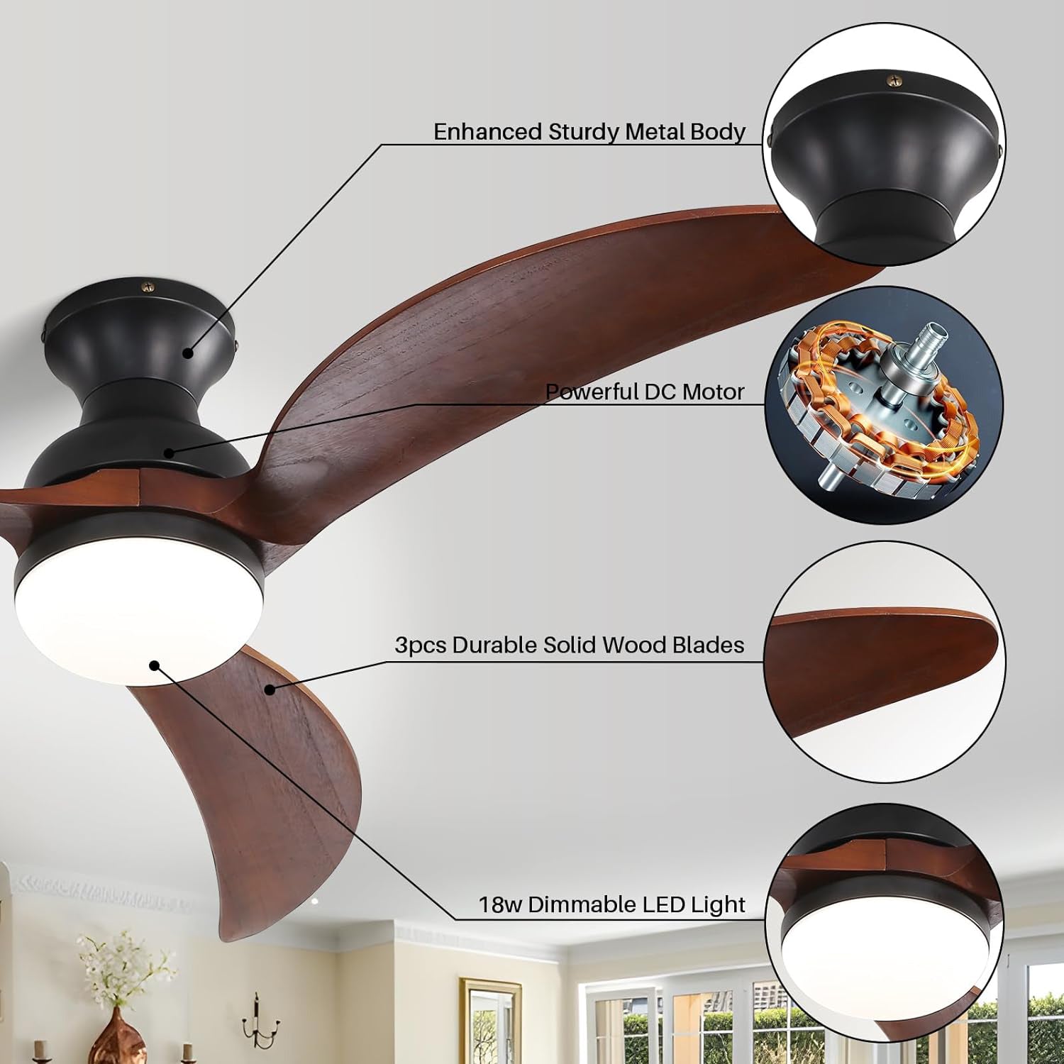 52 Inch Modern Ceiling Fan With 3 Color Dimmable Solid Wood Blades Remote Control Reversible Dc Motor For Bedroom Black Metal & Wood