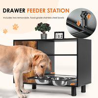 Large Pet Feeder Station, Dog Food Storage Cabinet With Stainless Steel Double Pull Out Raised Dog Bowls For Feeding & Watering Supplies Black Vintage American Design Particle Board