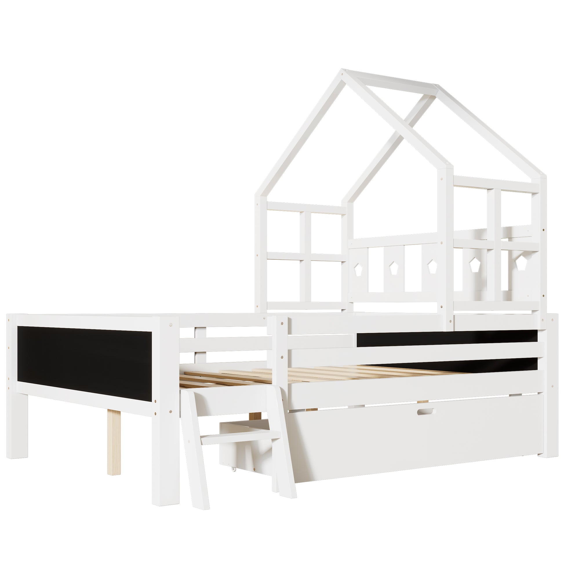 Full Size House Bed With Ladder And Storage Drawers For Kid Bedroom,Solid Wood Platfrom Bedframe With 2 Blackboard Design, No Box Spring Needed, White Full White Partice Board Mdf Pine Wood