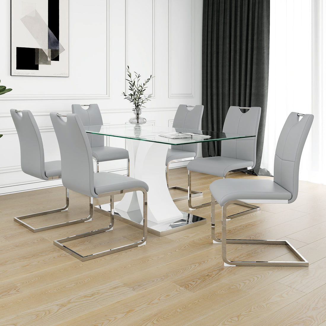 Modern Style Glass Table, Elegant Transparent Design, Durable Support Base, Gray Dining Chair Set, Electroplated Chair Legs, Suitable For Restaurant Kitchens Set Of 7 Gray Pu Mdf Metal