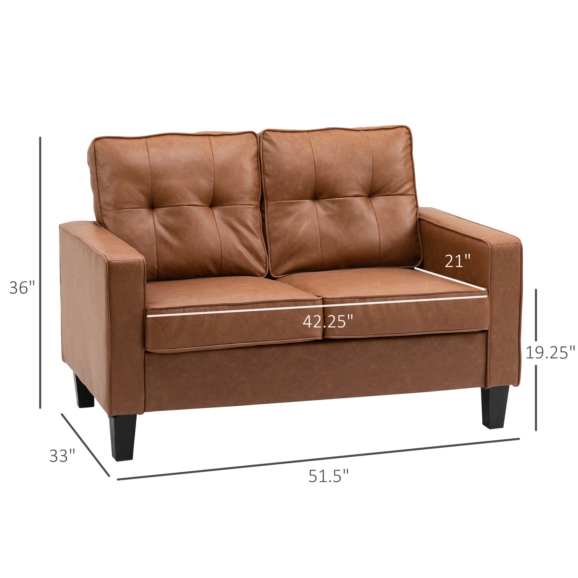 Homcom 51" Wide Loveseat With Armrest, 2 Seater Tufted Pu Leather Double Sofa, Brown Brown Pu Leather