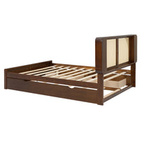 Queen Size Rattan Headboard Bed With Two Drawers And Trundle, Walnut Queen Walnut Solid Wood Mdf