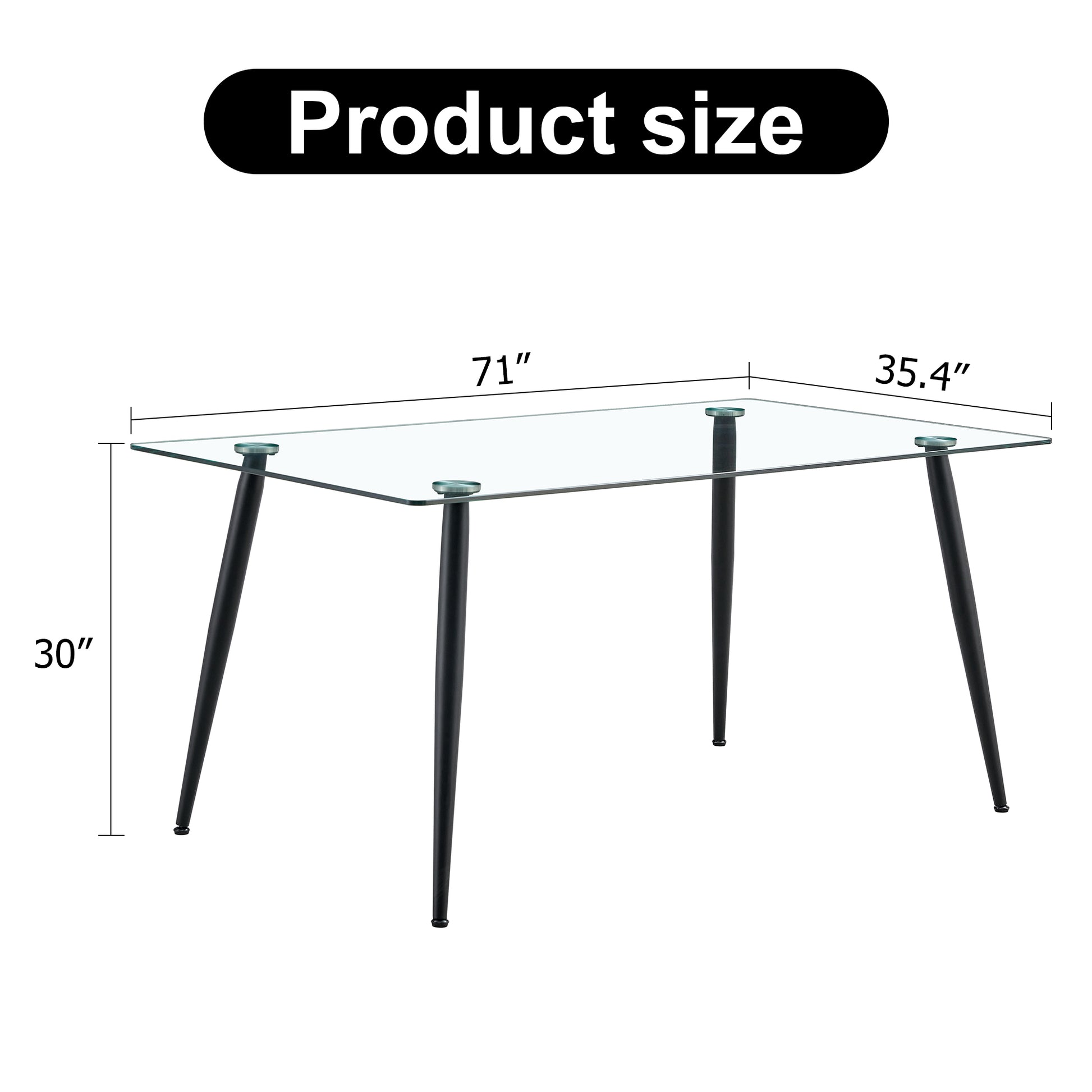 Modern Rectangular Glass Dining Table For 4 6 People With Tempered Glass Top And Black Metal Legs, Writing Desk For Kitchen, Dining Room And Living Room. Transparent Glass