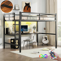 Metal Full Size Loft Bed With Power Outlet And Led Lighted, Space Saving, Noise Reduced, Black Full Black Metal