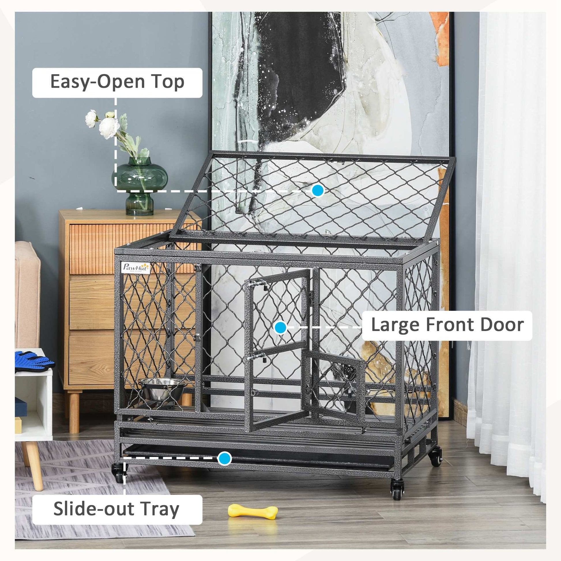 Pawhut Heavy Duty Dog Crate Metal Kennel And Cage Dog Playpen With Lockable Wheels, Slide Out Tray, Food Bowl And Double Doors, 36.5"L Black Steel