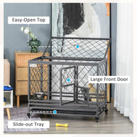 Pawhut Heavy Duty Dog Crate Metal Kennel And Cage Dog Playpen With Lockable Wheels, Slide Out Tray, Food Bowl And Double Doors, 36.5"L Black Steel