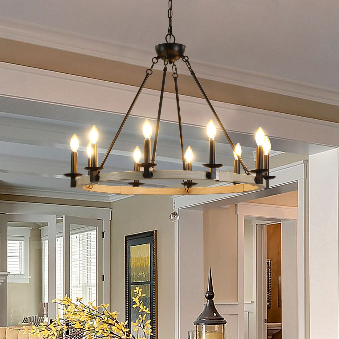 Rustic Farmhouse 10 Light Candle Chandelier, Black Metal And Wood Round Hanging Light Fixture For Dining Room, Kitchen, Living Room, Adjustable Height, E12 Bulb Base No Bulbs Matte Black,White Oak