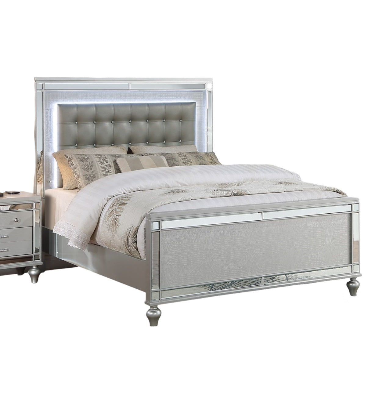 Beautiful Silver Tufted Faux Leather Queen Size Bed W Led Lights 1Pc Panel Bedframe Bedroom Box Spring Required Queen Silver Wood Bedroom Classic,Contemporary,Traditional Rubberwood Bed Frame Faux